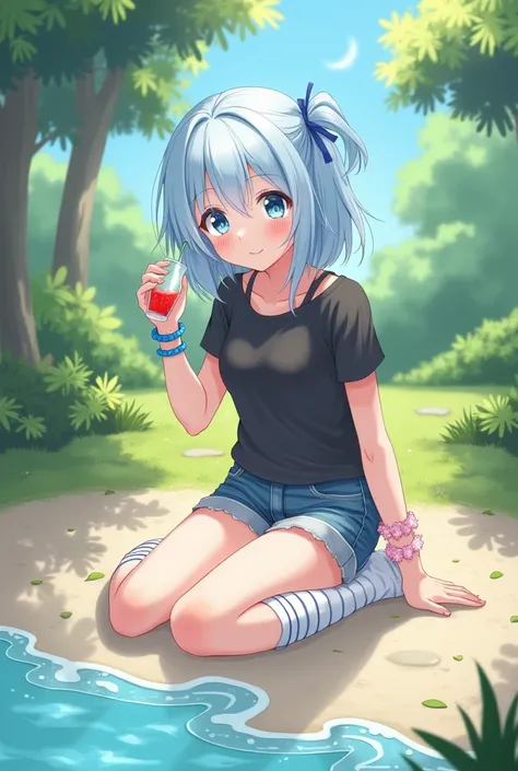  masterpiece ,  Best Quality , 1 girl, only, seios pequeNos, looking_No_viewer, Blush, black t-shirt,  waist-length denim shorts,  teen body , no errors in the images , Uma garota de anime No meio da praia na praia brincando com a água,  drinking strawberr...