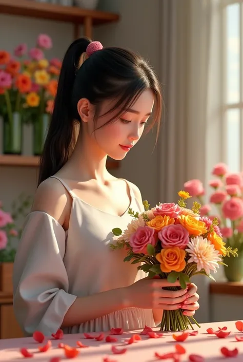  An FST girl with long dark hair,  collected in a ponytail , prepares a bright bouquet of flowers ,  petals are scattered everywhere,  in the background of a shelf with flowers , beautiful bouquet , Cinematic 8K, реалистичный 3D,