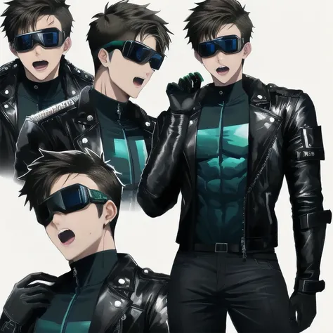 big ,   superheroine , whole body, Uncomfortable beauty  ,   open your mouth , Disappointed, Teenage Delinquent Boy  ,   leather jacket ,   Cyber Goggles  , Cyber Suit,   cool and handsome young man who touched his penis,   cool and handsome young man who ...