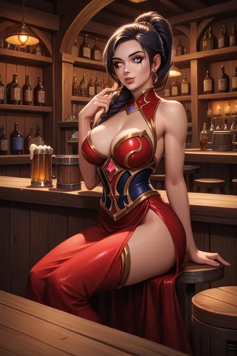 High Resolution, woman in a red dress, sitting at a bar, two orc men, beautiful detailed eyes, beautiful detailed lips, extremely detailed eyes and face, long eyelashes, detailed facial features, detailed clothing, detailed background, female surrounded by...