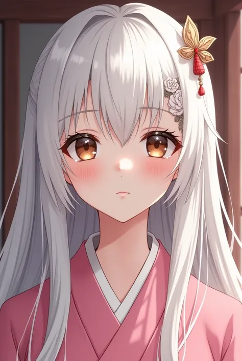 A girl with long white hair,light olive skin button nose, full pink lips, brown eyes, high cheekbones, pink kimono, Korean traditional ornamental hairpin