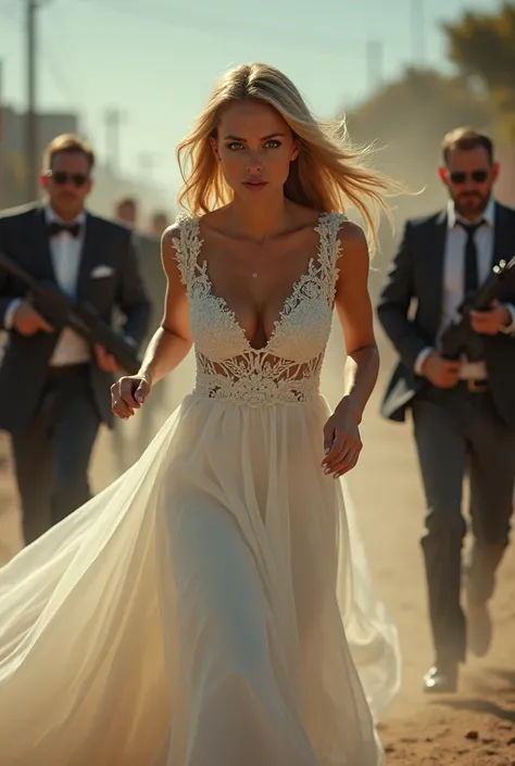  A woman dressed as a bride escaping from an armed family, with her dress  , blonde, slim, blue eyes}