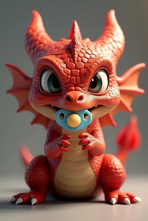 Un bébé dragon rouge réaliste. Le dragon a lair agressif et il tient une tétine de bébé dans sa bouche.