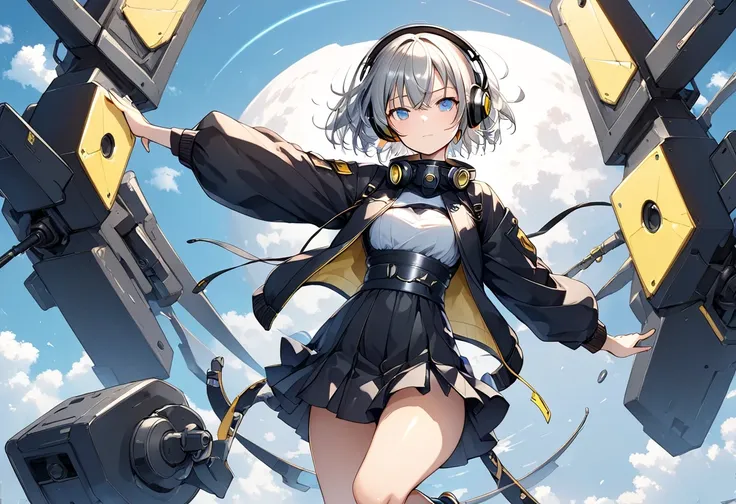  with a cool expression 、 short hair、 Silver Hair、 headphones、Voluminous Jacket 、 Yellow、Futuristic equipment、 skirt、 spats、 dynamic pose、 action、 High Quality 、 Max Image、 Very detailed illustrations、 anatomically correct、Best Backgrounds、 Japanese Anime ...