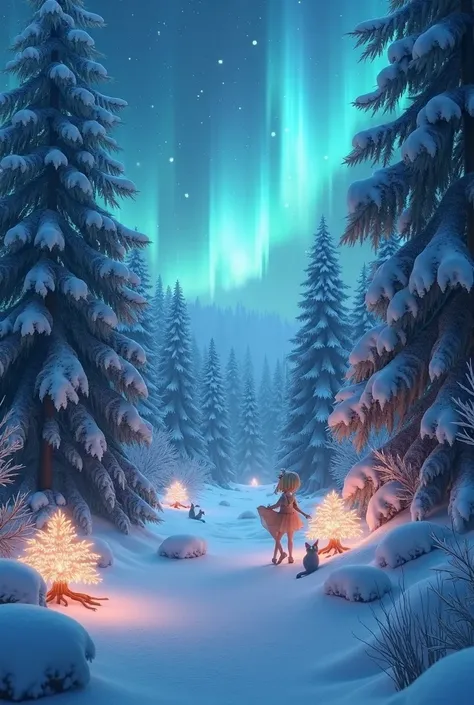 An enchanted white and blue North Pole forest with lights 