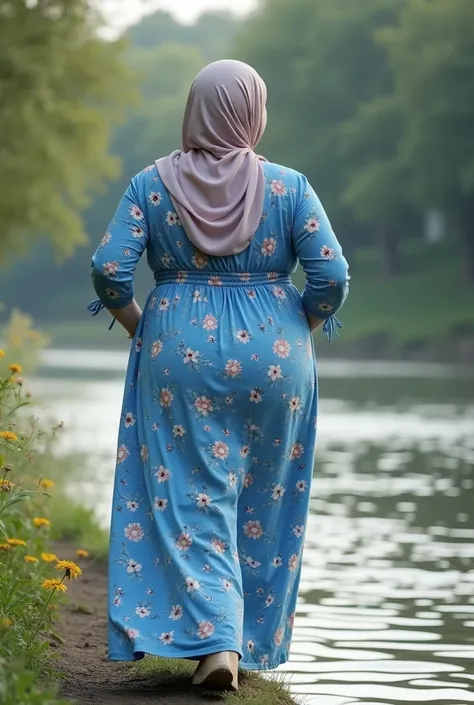 Blue flowery dress, with hijab, plus size women (fat woman), big thigh, back view, head straight, undefined, undefined, at the side of river flower, feeling happy with running position.undefined, undefined, undefined, 