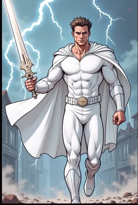 Tall super hero running, white costumes, white sword, comic book style, comic character, lightning in background, whirlwind and dust, broken houses, dust!!! Achilles, comic book accurate, epic background 