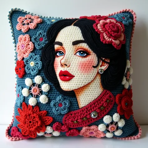 Nice cushion design crochet with wool lady design on cushion and separate design white , black , blue, red color full view pic full zoom out 