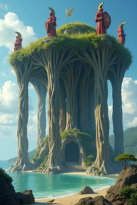  a huge structure along the seashore at the mouth of a river, using trees for pillars. The trees are so big that eight men are needed to link hands around each one. The beams point to the east, their tips decked with statues of reptiles carved with their m...