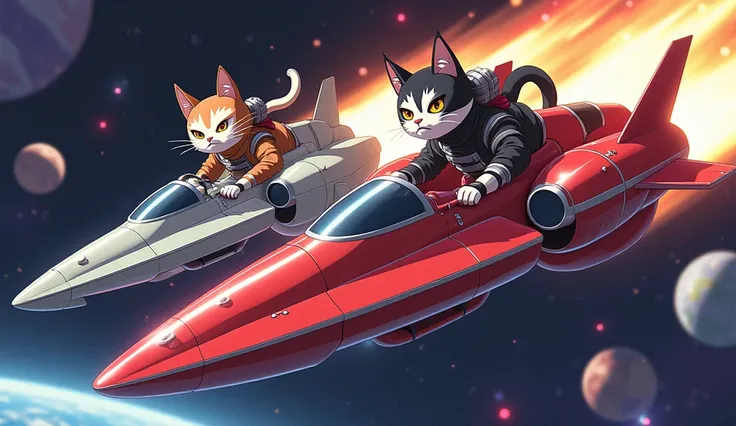 An exciting space race between two half-cat, half-man men. Warrior pilots in retro spaceships. The ships are stylized, with chrome details and shiny wings. The background is outer space, with colorful stars and planets. Style: retro-futurism, space race, a...