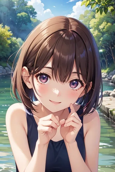 my grandmother、 shiny maroon hair ,  short hair, ( brown pretty eyes、 Sparkling Eyes , Fine grain)、smile、 super detailed eyes 、 very detailed face,  very detailed eyes,,  best quality ,Alone, 1 girl , Alone, 


 Navy School Swimsuit ， Camping by the river ...