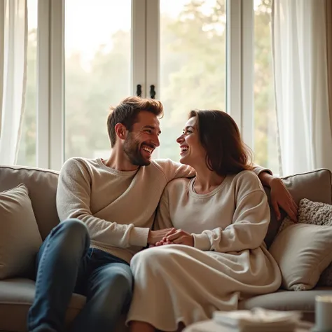 A positive and heartwarming scene of a young husband and wife relaxing on a comfortable modern couch in a cozy living room. The couple is smiling brightly, sharing a lighthearted moment as they talk, laugh, and hug each other. The room is filled with soft,...