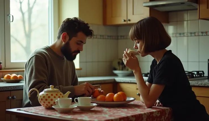  young guy in fleece short-haired beard sits in the kitchen peeling tangerines , next to him is a polka dot teapot and cups ,  phone old with a disc next to him girl sits in profile in a black bob t-shirt drinking tea, I can hardly see her face ,  black pa...