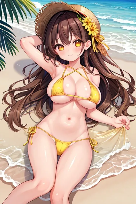 1girl, best quality, kawaii, shiny skin, shiny clothes, yellow low-leg bikini, navel, midriff, bare stomach, (armpit peek:1.2), (large breasts:1.2), long hair, brown hair, wavy hair, smile, blush, closed mouth, beach, 