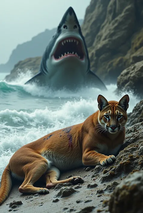 Give me an image were a cougar lying on the  sea shark on the top of a cougar injured