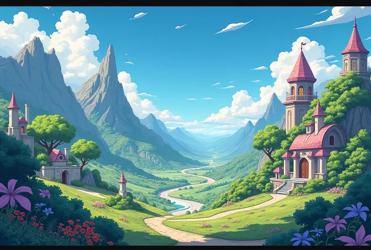 Fantasy landscape background cartoon style anime different environments without mountains no hills no rivers no field no lakes no water 2D