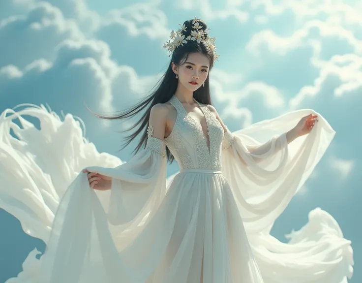 Chinese princess in a long cloth mobile, floating in the sky, a woman with long straight black hair, big breasts, wearing a luxurious white Chinese dress with long long shoulders, an abundance of floral metal hair ornaments, high hair boxing in the middle ...