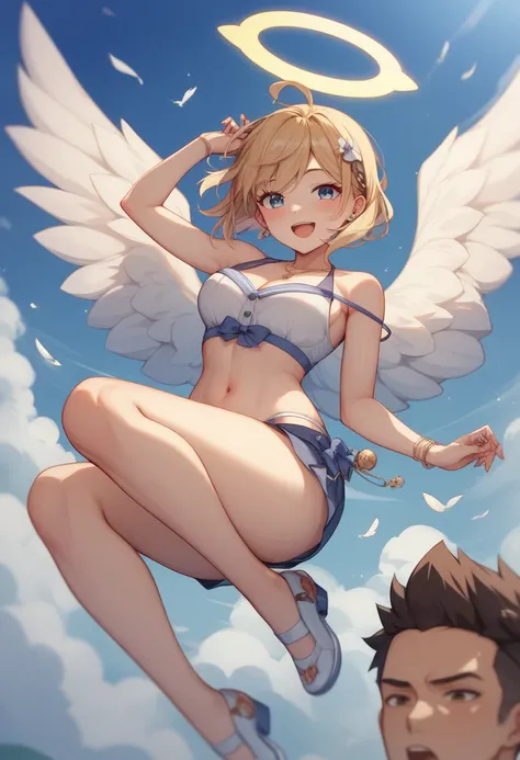  A cute boy with angel wings、1 boy、Hairstyle like a girl 、Thighs、Belly button exposed、1 cute angel in miniskirt thats too short、Only one person、There are no cool guys、Flying in the sky、Floating、 is floating、Floating in the air、Soar into the air