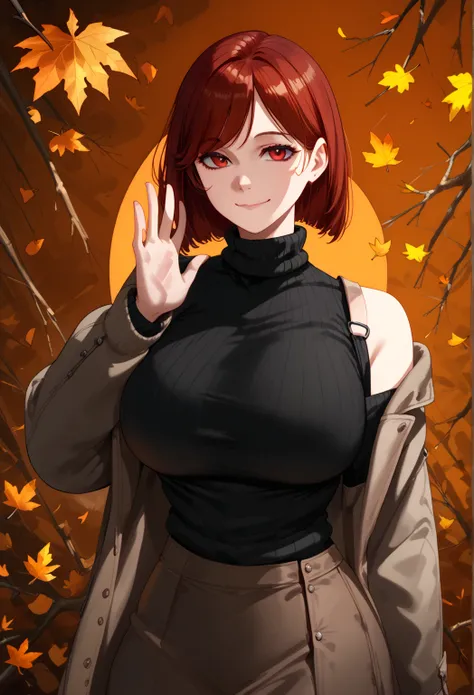 score_9, score_8_up, score_7_up,  1girl, autumn, autumn leaves, black sweater, bob cut, breasts, brown coat, brown skirt, closed mouth, coat, large breasts, leaf, leaf background, long sleeves, looking at viewer, medium hair, off shoulder, orange backgroun...