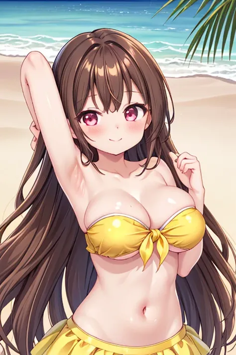 1girl, best quality, kawaii, shiny skin, shiny clothes, yellow strapless bikini, navel, midriff, bare stomach, (armpit peek:1.2), (large breasts:1.2), long hair, brown hair, wavy hair, smile, blush, closed mouth, beach, 