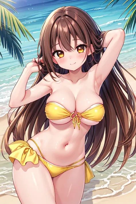 1girl, best quality, kawaii, shiny skin, shiny clothes, yellow strapless bikini, navel, midriff, bare stomach, (armpit peek:1.2), (large breasts:1.2), long hair, brown hair, wavy hair, smile, blush, closed mouth, beach, 