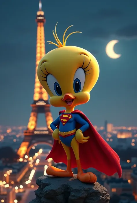 Warner Bros. “Tweety”, in superman wear, on Paris Tower, night time, sparkling ligthing, background paris, romantic 