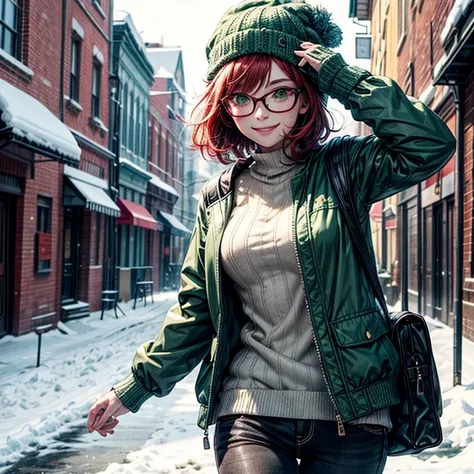 Short,  red hair ,  green eyes ,  metal-framed glasses, knitted green hat , green jacket, green mittens, smiling girl walks through a snowy city.