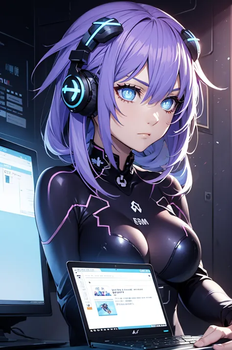 in a dark room at night 、 a woman without sleep is sitting in front of a computer.。 ela is using headphones with a microphone 、 ...