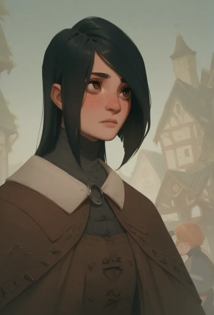 androgynous, 1girl, twink, black hair ((long cut)), fair skin ((freckles)), brown eyes, golem maker, artificer, medieval fantasy...