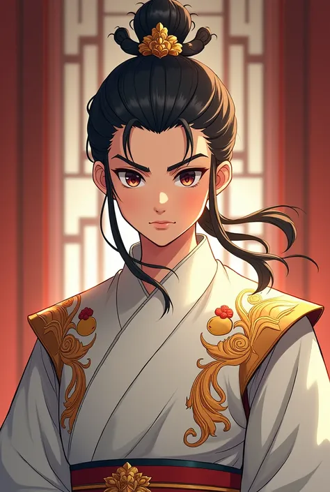 Portrait of a Young Prince of the Three Kingdoms,  sharp high-definition image shows a Chinese male, a teenage warrior, a handsome, very sharp, dark, 18 year old, tough athlete., There is sight ,, which has the shape of an ancient Chinese emperors hair, th...