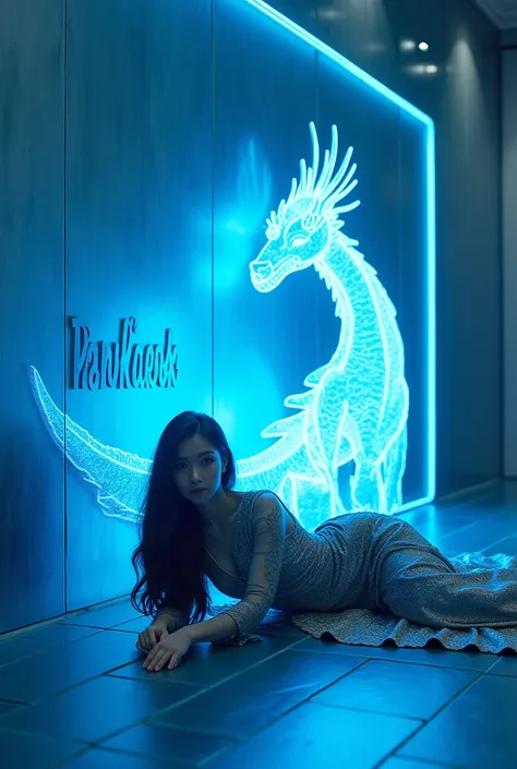 Beautiful Indonesian woman wearing a closed purih fancy dress and her long flared skirt is lying with a small blue dragon  on the tiled floor emitting blue neon light of a face staring at the camera, The background is a silver colored wall chat pressing in...