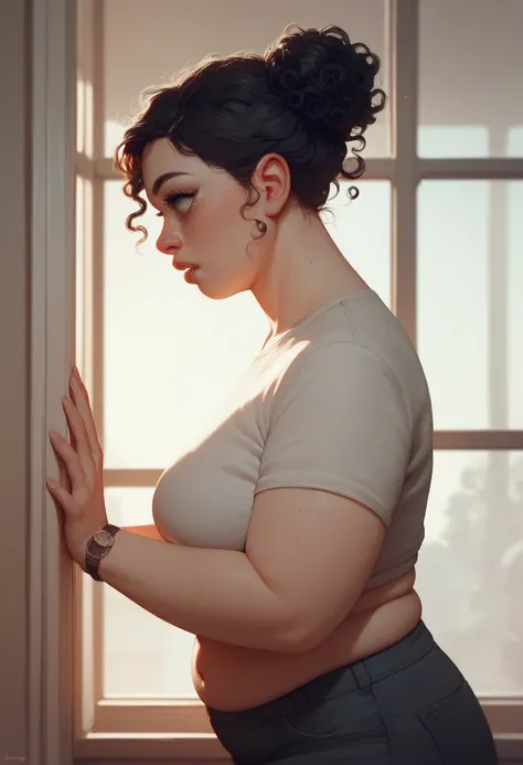 A female girl with curly hair bun (3C), black hair, fat eyes with a small mouth, white face., Medium chubby body, Throwing herself out the window and breaking and hurting herself 