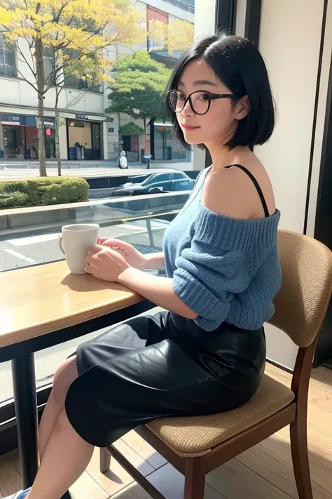 (High Definition), One Female, Japan Person, Cute, Black Hair Short, wearing Drop Shoulder Cable Knit Leather Long Skirt Blue & Eye Glasses for Female, Sitting on a chair, Side-Glance, Lean on some cushions by window at Cafe in Museum, A cup of coffee & so...