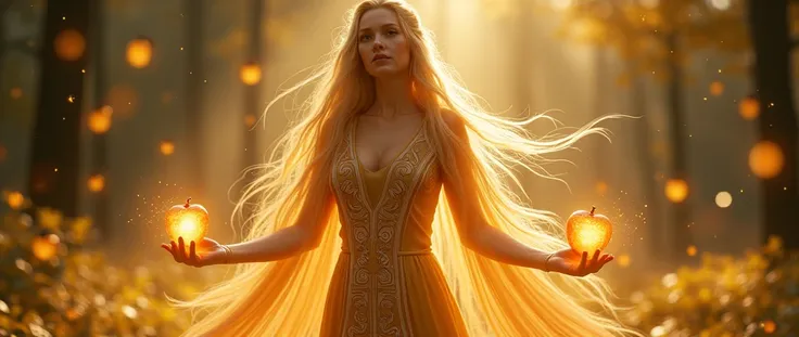 Idunn is portrayed with long, flowing golden hair, a symbol of her divine beauty and connection to the sun.
Dressed in Simple, Elegant Garb: She is usually shown wearing traditional Norse clothing, often depicted as a simple, elegant gown or dress, often w...