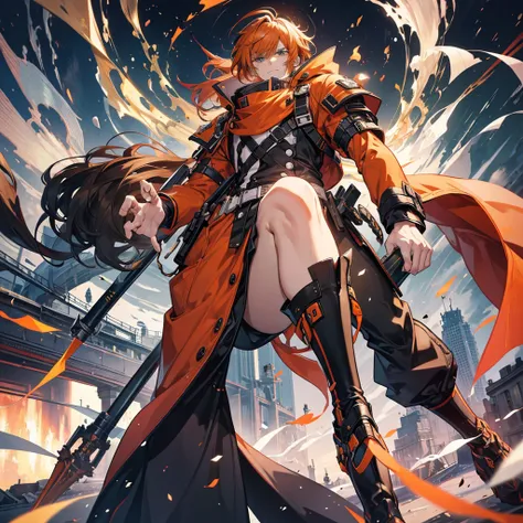 GUILTY GEAR, {{{{{Illustration of a person}}}}, {{{ orange battle coat}}}, Orange and black outfit ,  Dark Brand Hair ,  straight hair, 36k image quality ,  long bangs  , Shut your mouth., A relaxed expression, ４０Old man,  handsome, Narrow green eyes ,  Of...