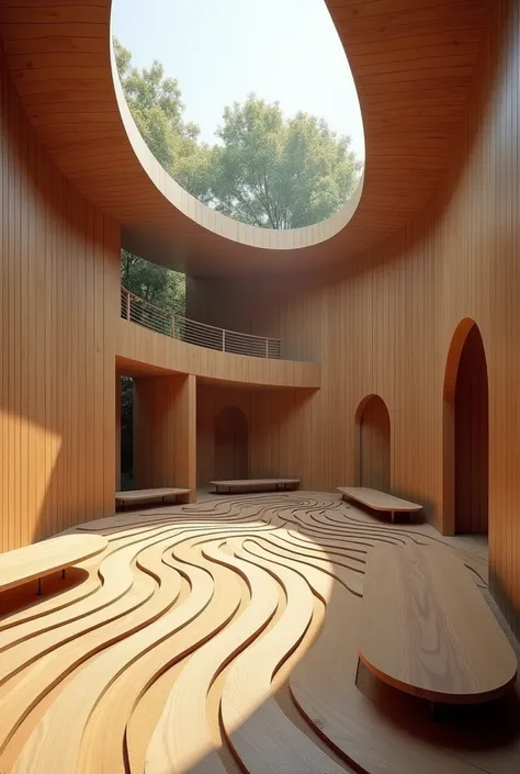 a pavilion that is closed, with fixed furniture, big glass windows and a roof that allows the light to pass through and create interesting patterns. it will be made out of wood with steel fixings, a curved wall and benches and paths in the shape of a labyr...