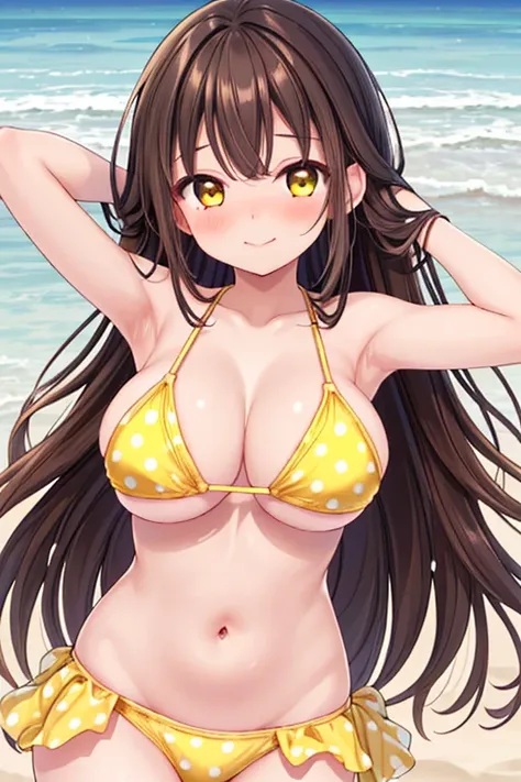 1girl, best quality, kawaii, shiny skin, shiny clothes, yellow polka dot bikini, navel, midriff, bare stomach, (armpit peek:1.2), (large breasts:1.2), long hair, brown hair, wavy hair, smile, blush, closed mouth, beach, 