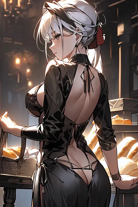 (perky chest:1.2), (pointed chest:1.2),(((Black Tunic:1.3))),(((cakes and bread in the basket),Cute and beautiful girl,slouching forward、Big Breasts、Accentuate your butt、Steampunk. （ Dynamic Composition from directly below:1.3）、 White hair color 、((masterp...