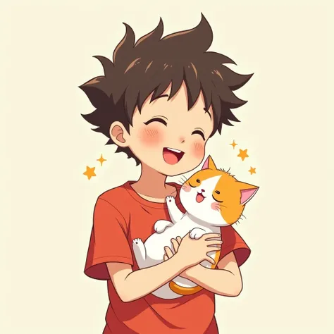 The image is an anime-style illustration of a young boy with spiky hair, wearing a red t-shirt, holding a small white and orange kitten. Both characters have a joyful expression, and there are small stars around the kitten, suggesting happiness.