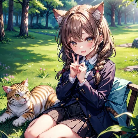 (( best quality)), ((masterpiece)), (  Details), ( ultra high resolution with forest background)、 cute girl、 very young 、solo、
(Brown Hair、 braids )、(Cat ears、 cat tail)、Thin chest、Petite、Age 12、
 perfect face、 perfect body for a lawn、超 Detailsな肌、(Accurate...