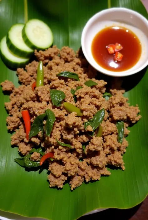 พร้อมท์ : Create Traditional Thai dish with minced meat stir-fried with holy basil and chili, served on a banana leaf with slices of cucumber on the side and a small bowl of fish sauce with chili slices.