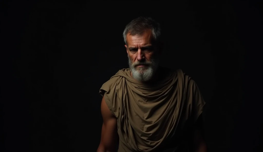  A man from middle age to older ,  with short hair and well-trimmed beard , wearing simple Roman robes ,  but with a refined appearance . He has a serious face ,  but at the same time introspective ,  with an expression that conveys both the sophistication...