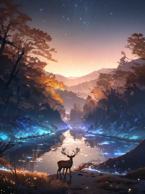 "Create a stunning, hyper-realistic image of a deer at night, with a beautiful scene etched into its face. The deers fur should be composed of intricately detailed scenery, with realistic textures and colors that suggest a serene and peaceful landscape. Th...