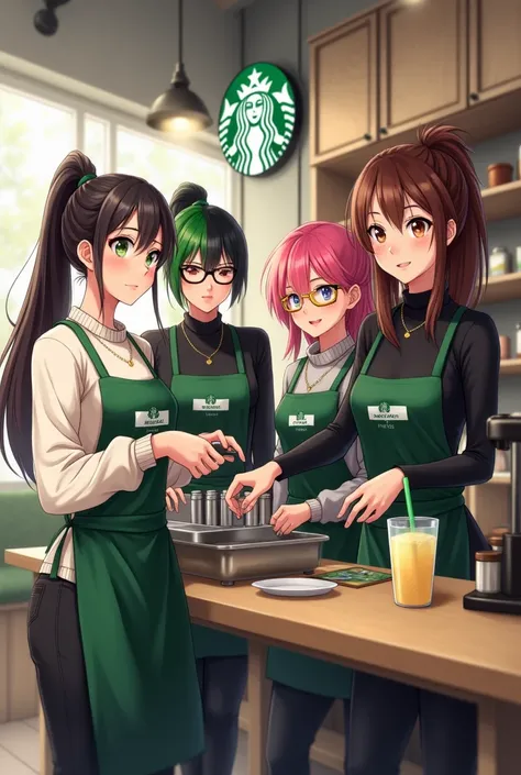 4 girls. 1 girl long dark brown hair, tied in pony tail, white sweater, black jeans, green Starbucks apron, glasses, green eyes, in Starbucks apron, freckles, smiling. 1 girl, half black half green hair, short hair, glasses, hazel eyes, black sweater, blac...