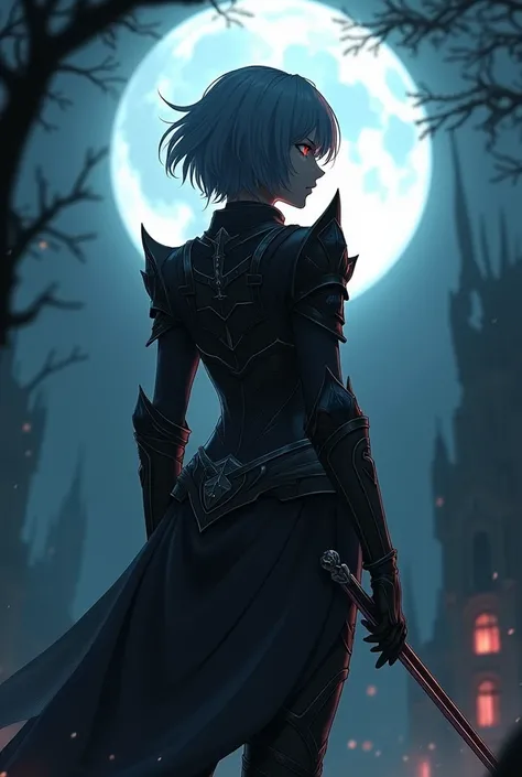 Cool anime woman in dark fantasy armor standing back looking for background camera as full moon, short hair