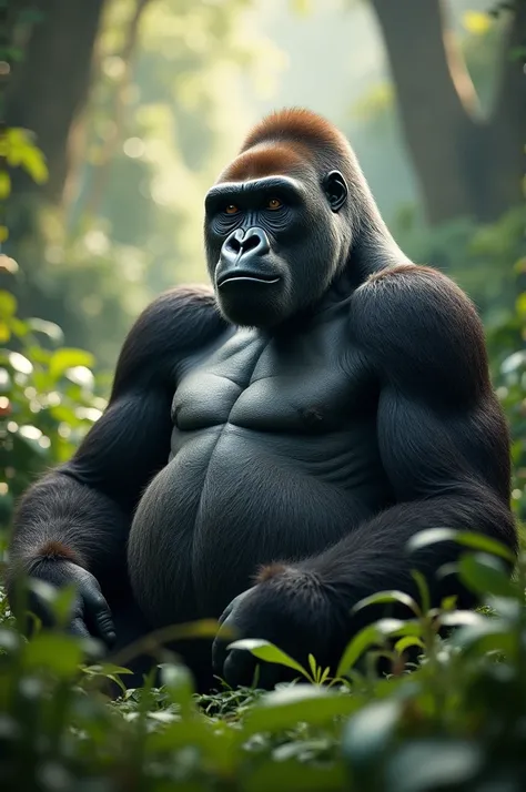 A hyper-realistic photograph of a silverback gorilla sitting in a jungle clearing, gazing thoughtfully into the distance