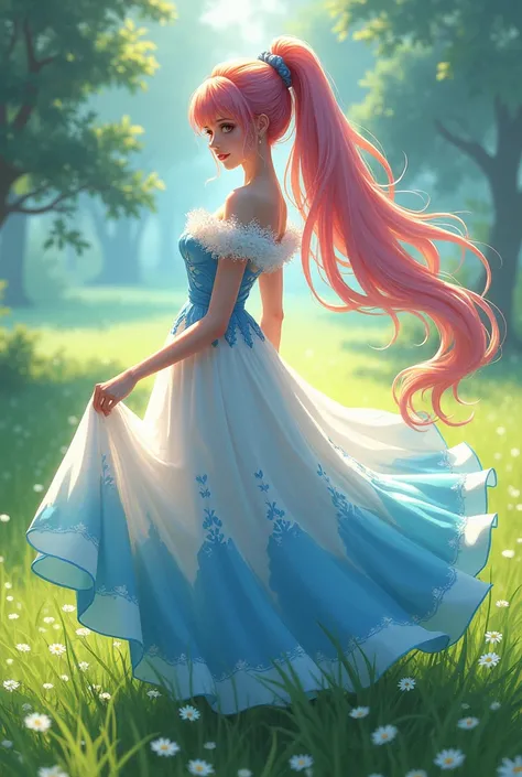 Feminim face dress white blue long skirt red girl longest rainbow ponytail hair sexiest anime in grass Field