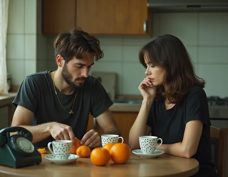 in the frame, a young guy face in fleece short-haired beard sits in the kitchen and peels tangerines , next to him is a polka dot teapot and cups ,  old phone with a disc next to him girl sits in profile in a black t-shirt medium-length hair drinks tea, I ...