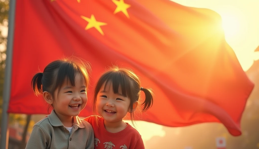 In the background of the realistic image a Chinese flag flutters.  Two-year-olds smile in front of the image. Sun rays appear .