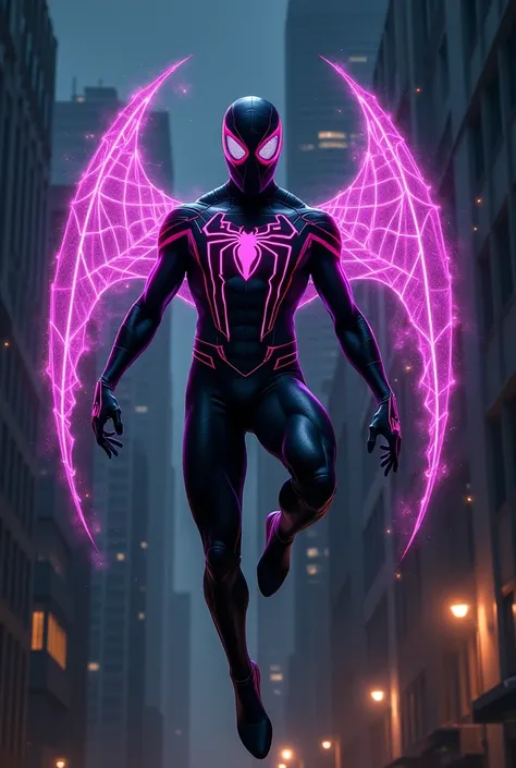 Spider man, flying, wings made up of spider web, neon lights on suit, night time, tall building in backgroung, full body, superhero pose, black suit, new suit, high resolution, best quality, full body, highly detailed, skin detail, realistic, masterpiece, ...